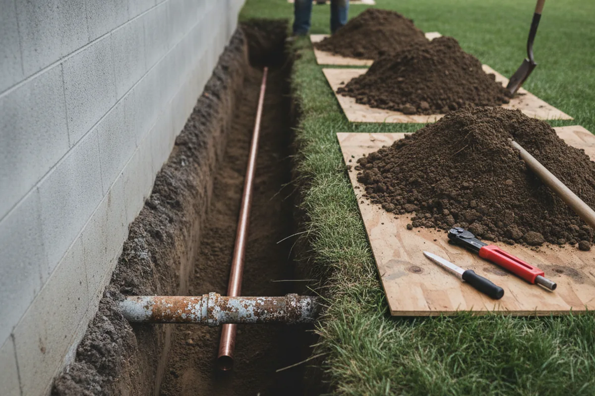 Excavated water line trench during Sewer Line Repair in Orondo